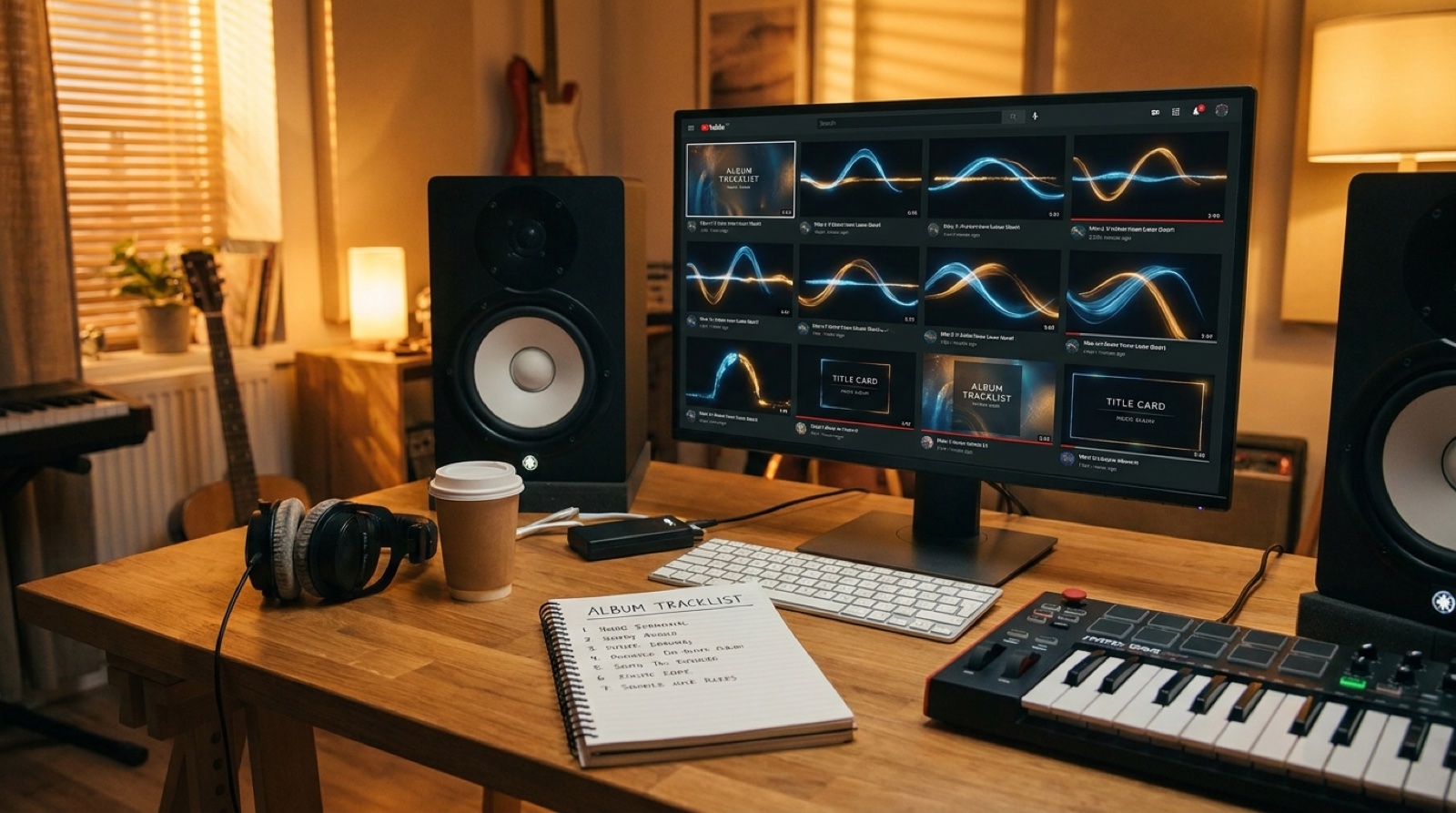 Full-color studio desk with an album tracklist, connected video thumbnails, waveform motifs, and title cards for an AI album visualizer bundle.