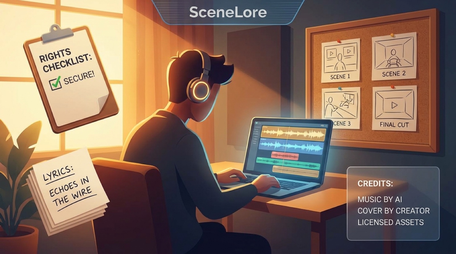 Full-color creator desk showing an AI cover song video timeline, rights checklist, credits card, lyric scene boards, and release assets.