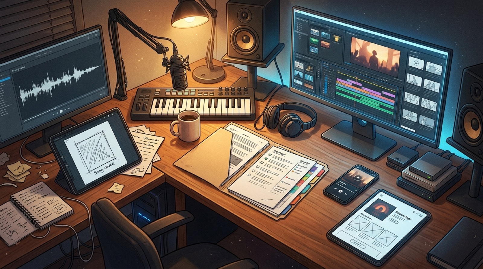 Full-color creator desk showing a rough AI song seed, cover draft, proof folder, finished music video timeline, thumbnail board, chorus clip, and release page assets.