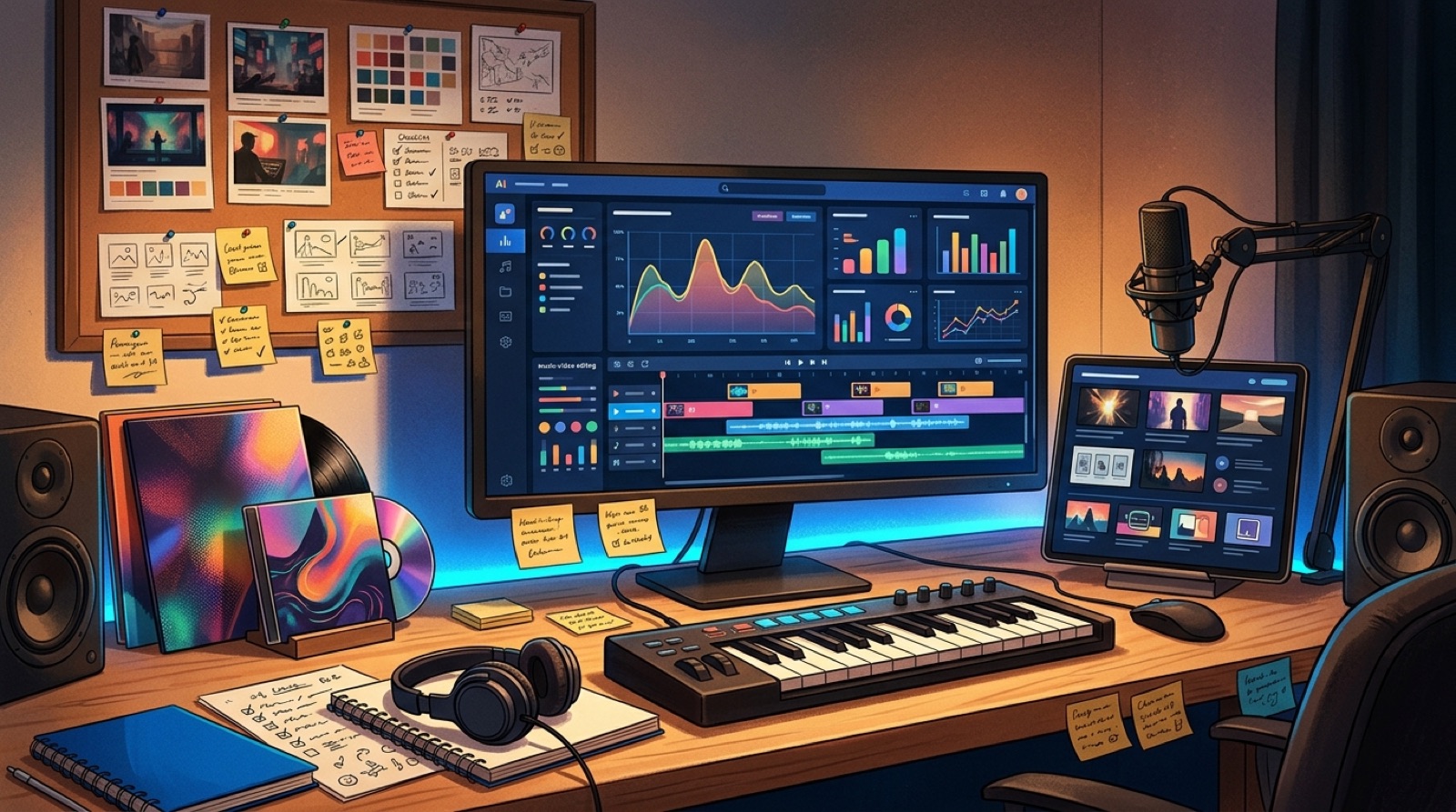 Full-color creator desk with music channel analytics, retention curves, thumbnail sketches, comments, and a video timeline for an AI music release.