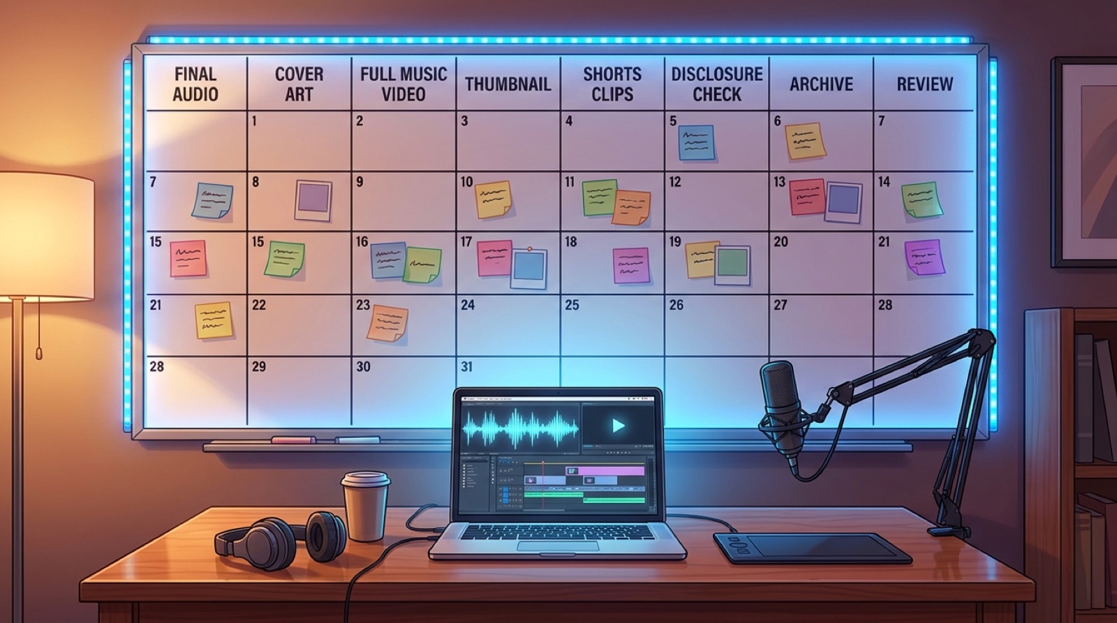 Full-color studio illustration of an AI music creator using a channel calendar to plan audio, cover art, video, thumbnails, clips, disclosure checks, archives, and review.