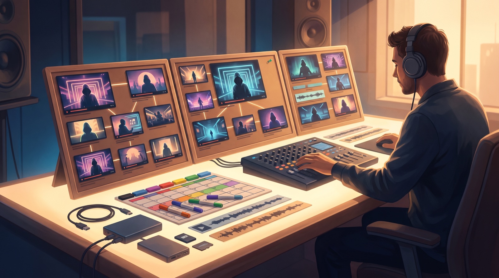 Full-color illustration of an AI music creator arranging connected video thumbnails, waveform strips, and a release calendar into a repeatable channel series.