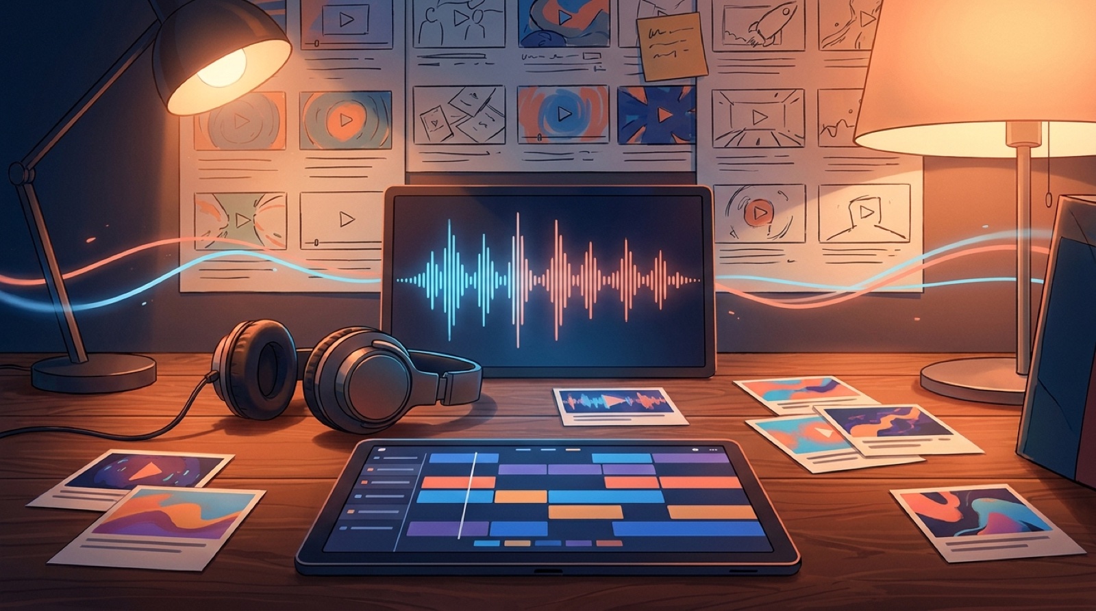 Full-color illustration of a music creator desk with headphones, storyboard frames, a tablet timeline, and glowing waveforms for planning an AI music channel trailer.