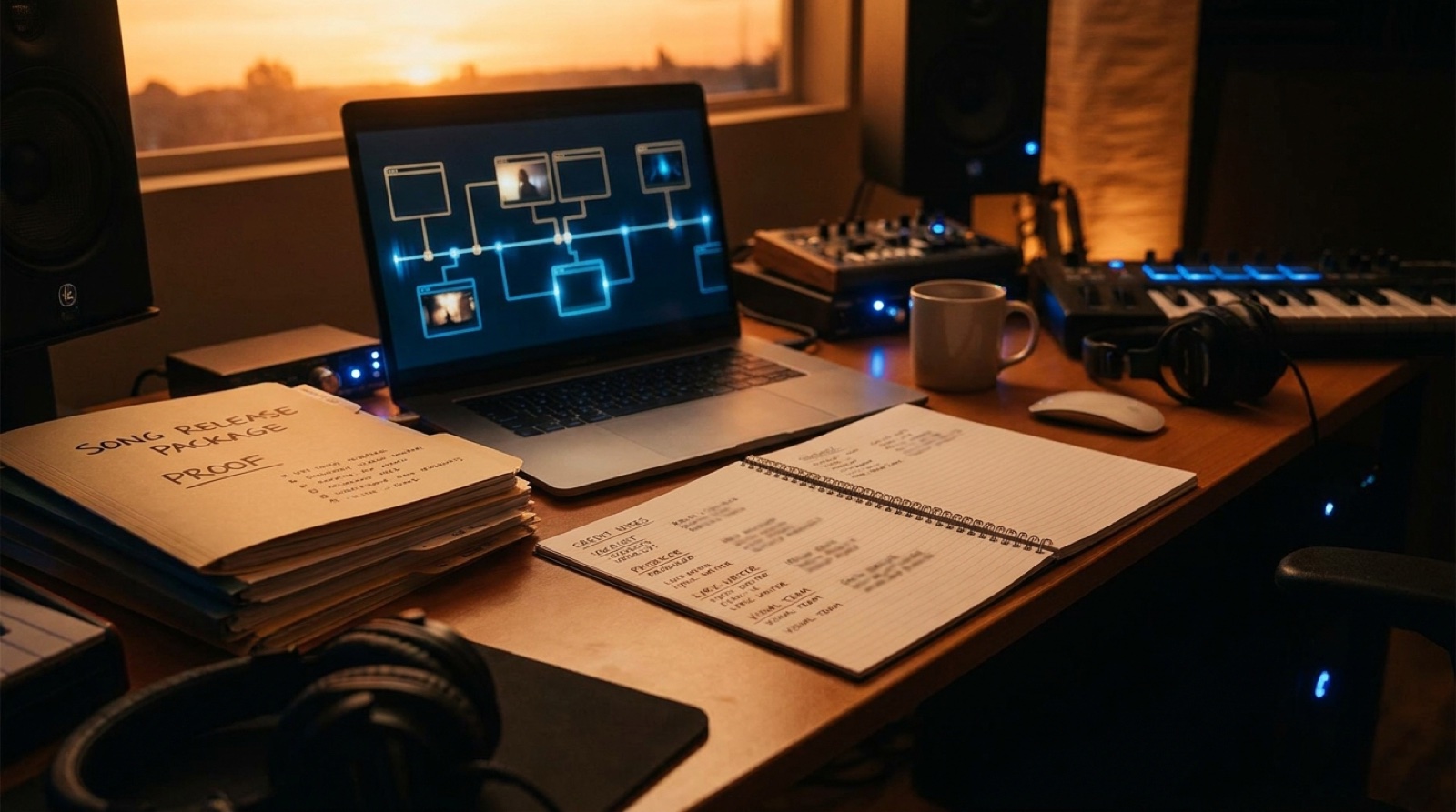 Full-color cinematic studio desk with a music video timeline, credit notes, proof folder, and connected release assets for AI music collaborators.
