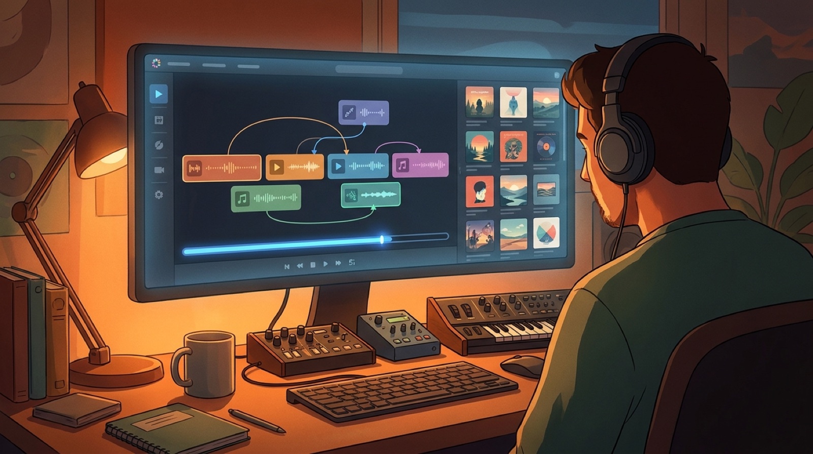 AI music creator arranging a compilation video with track cards, chapter markers, waveform lanes, and visual transitions