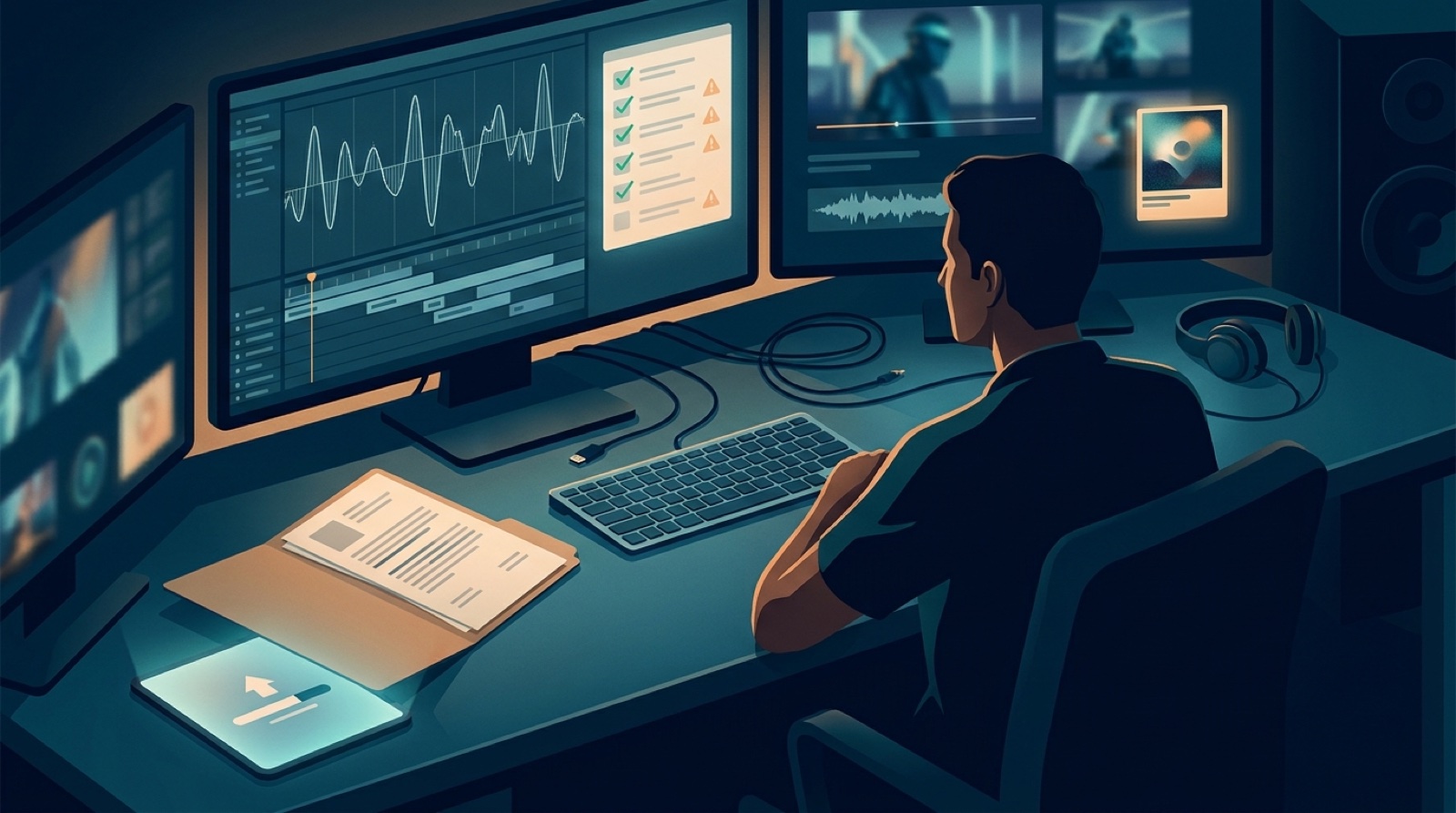 Full-color studio illustration of an AI music creator reviewing a Content ID preflight checklist with song files, video frames, credits, and proof folders before launch.