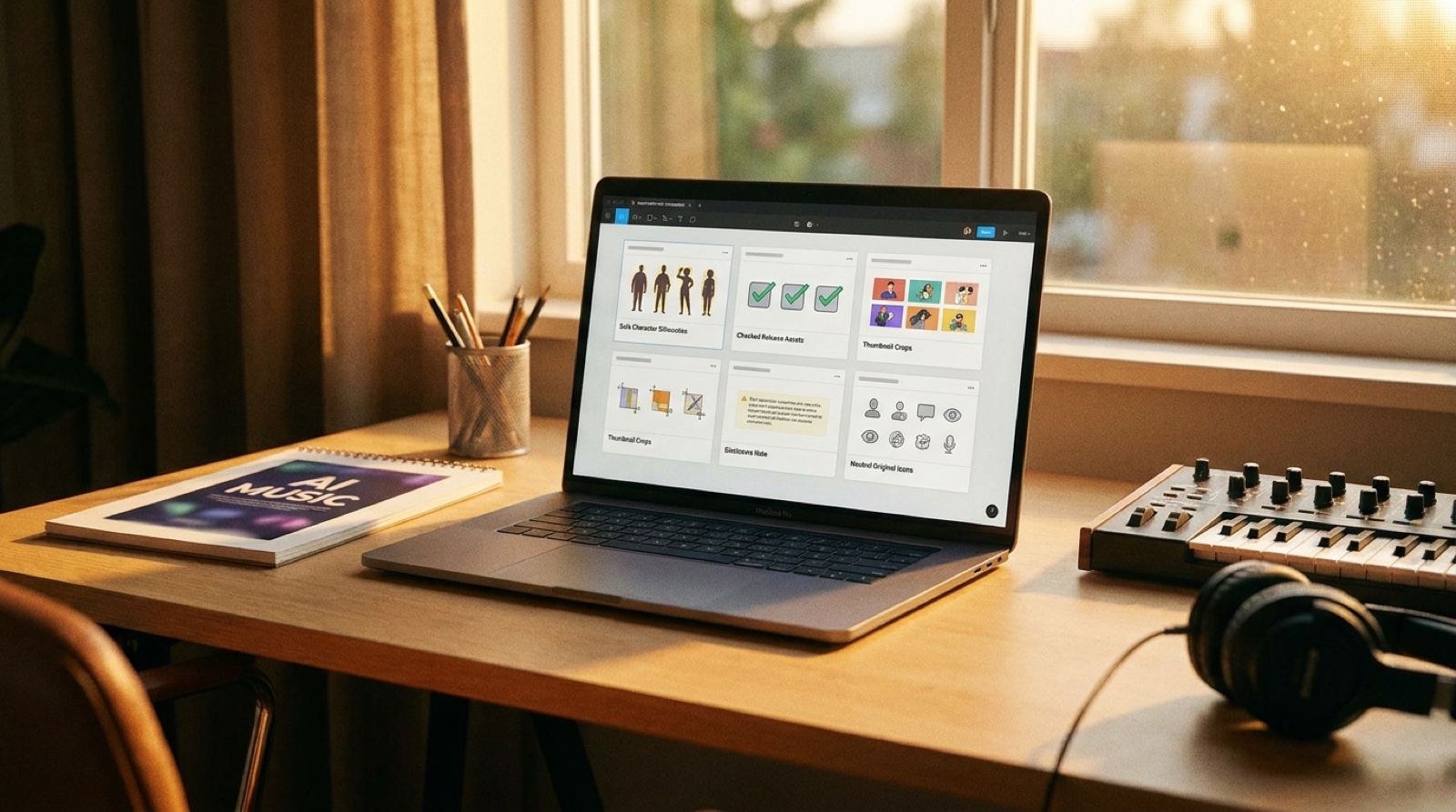 Full-color creator desk with safe original AI music video assets, storyboard frames, thumbnail crops, disclosure notes, and neutral original symbols instead of risky logos or likenesses.