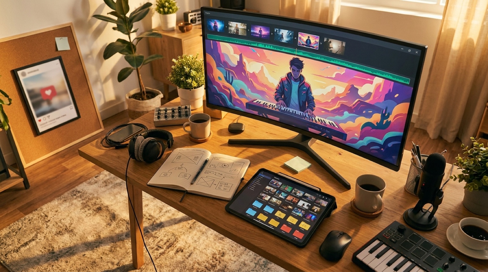 Full-color creator desk with several finished music video clips, a channel trailer preview, waveform strips, release folders, and one coherent artist visual world.