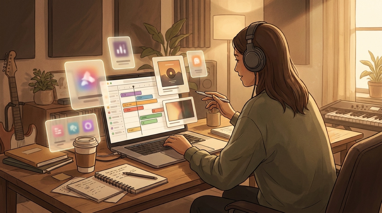 An AI-assisted musician prepares a release package with song files, video scenes, notes, and detection labels on a studio desk.