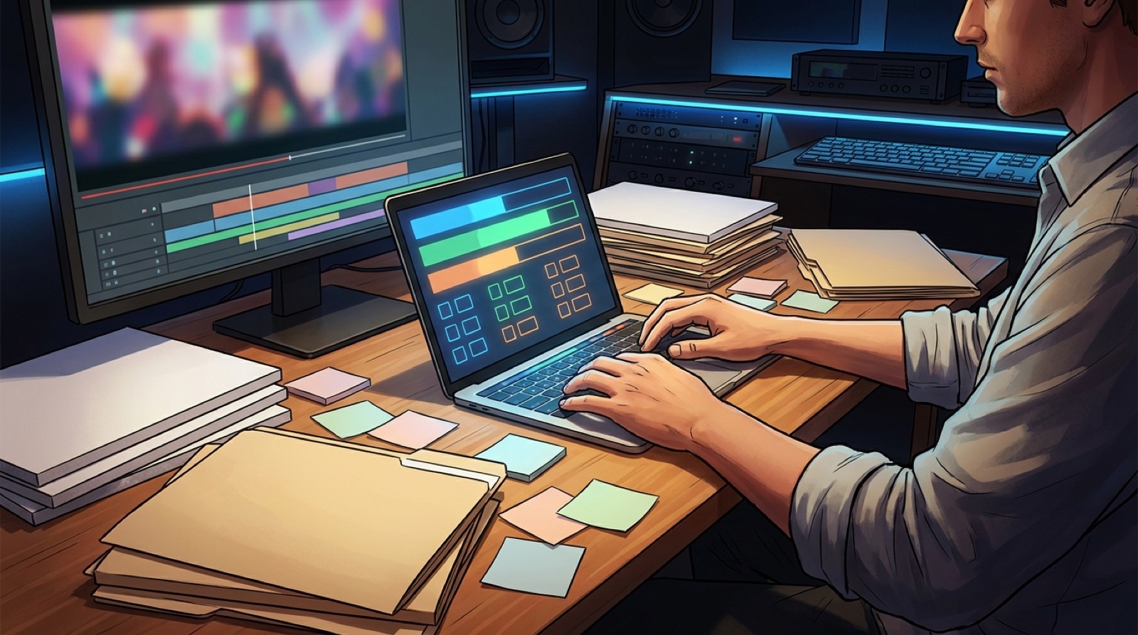 Full-color studio illustration of a music creator preparing disclosure notes, credits, thumbnail boards, and video assets before uploading an AI-assisted song.
