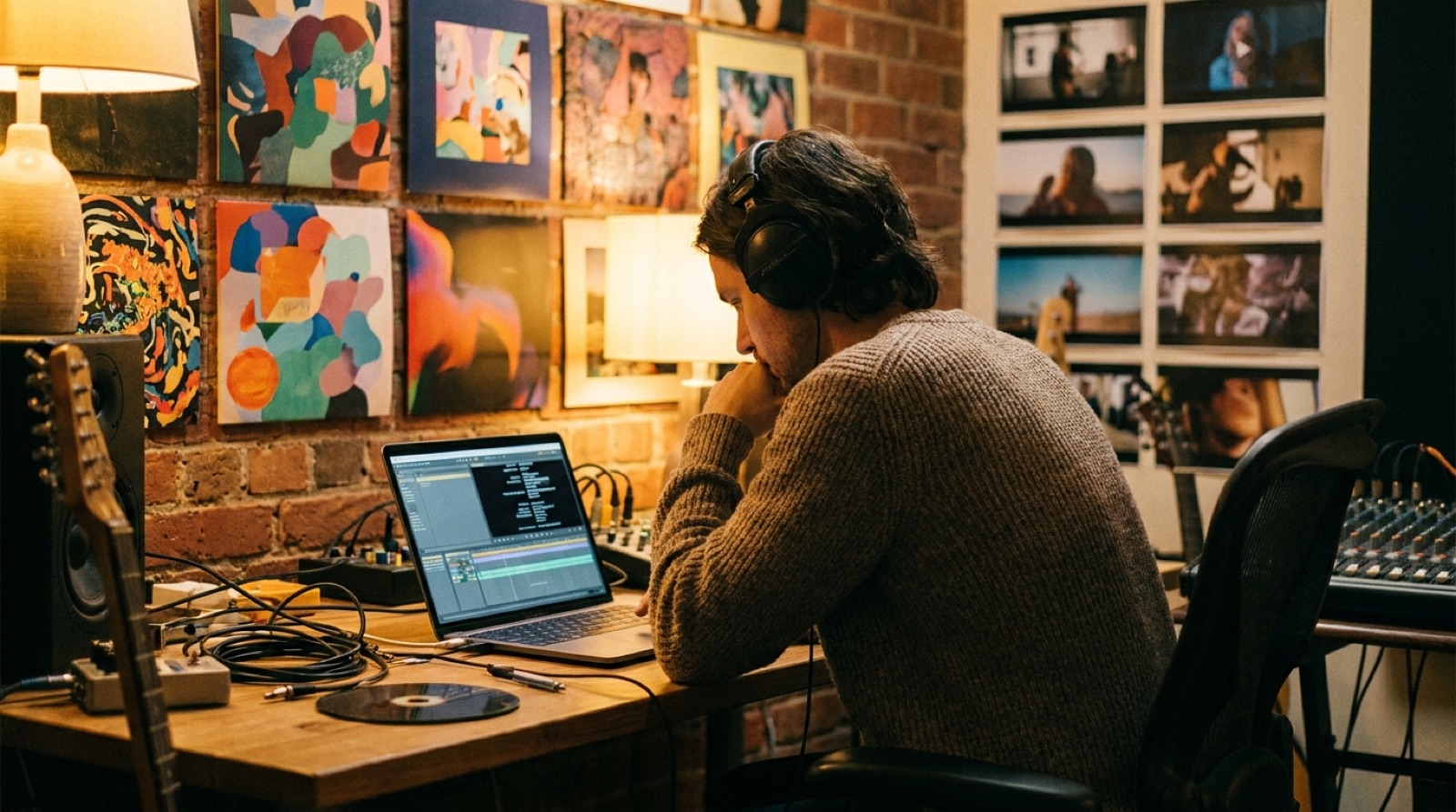 Colorful music studio scene showing an AI-assisted song release with video frames and clear credit notes