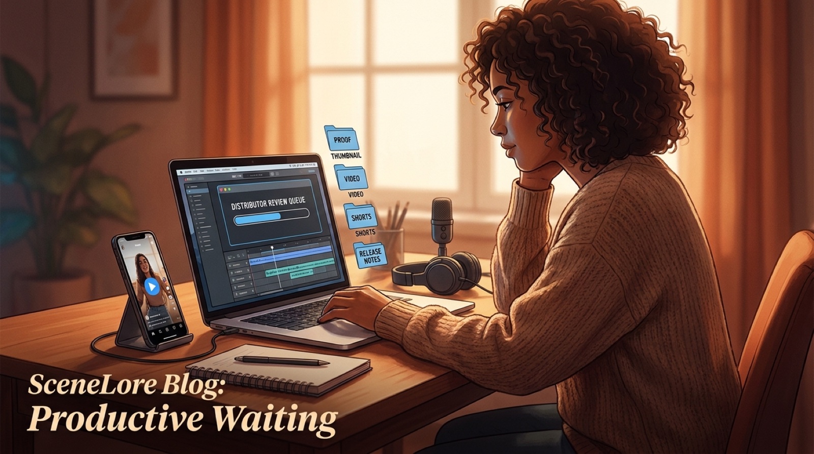 Full-color desk scene with an AI music distributor review queue, organized proof folder, video timeline, thumbnail board, Shorts previews, and release notes.