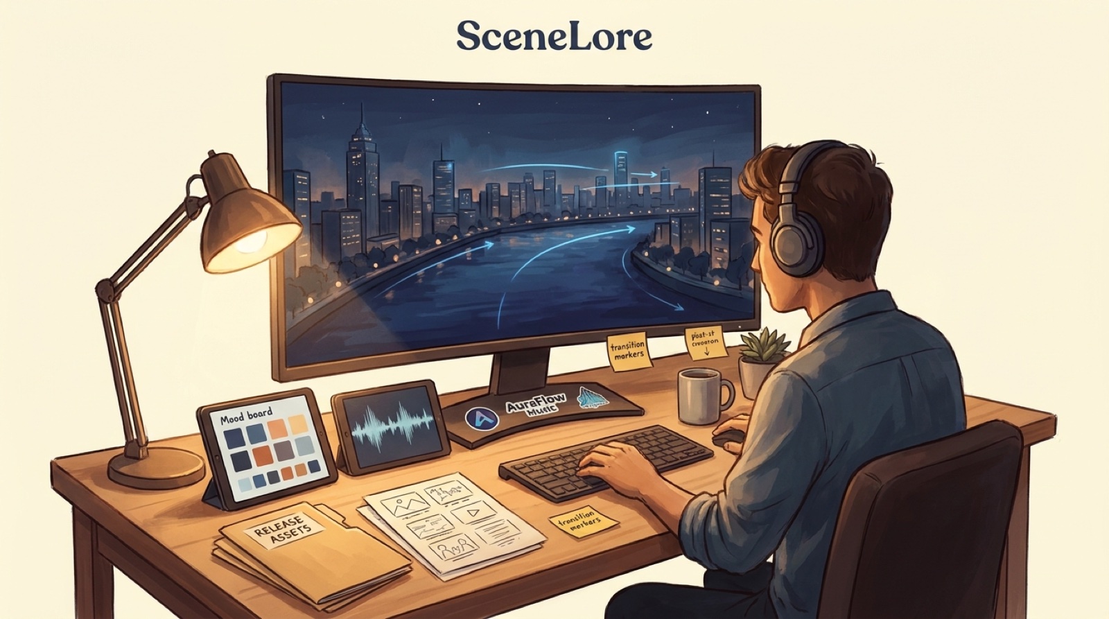 AI music creator designing a calm live stream background with channel mood boards, waveform, thumbnails, and loop notes