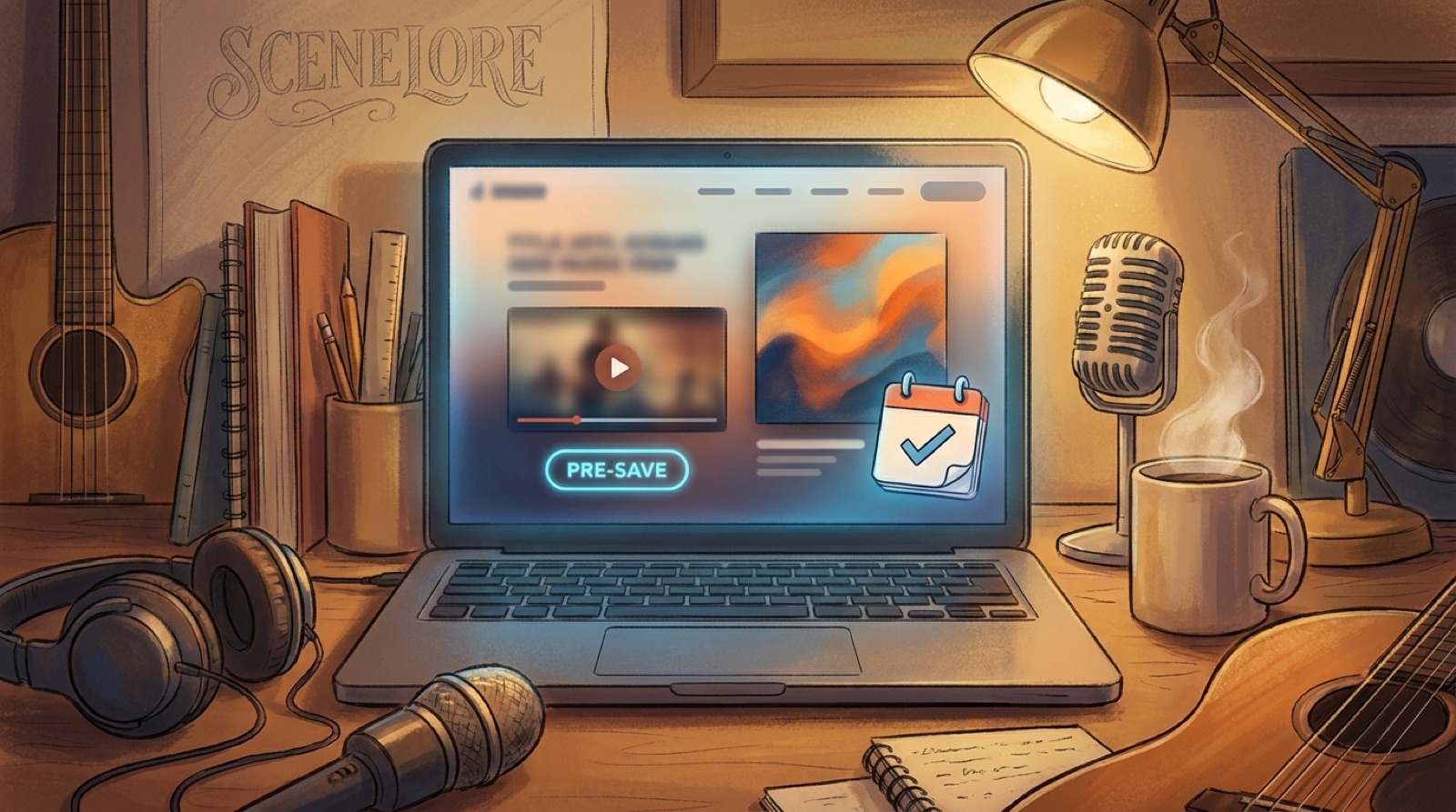 Full-color studio desk showing an AI music pre-save page, cover art, video teaser, launch calendar, and release assets.