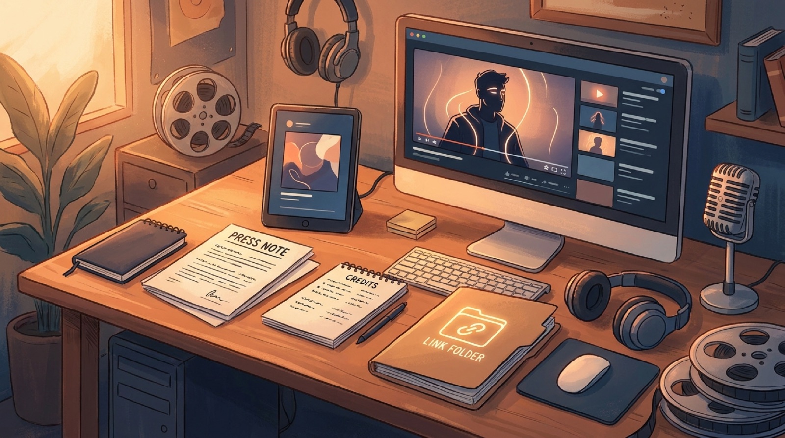 Full-color creator desk with an AI music press kit: video preview, cover art, clips, credits note, disclosure card, links, and proof folder.
