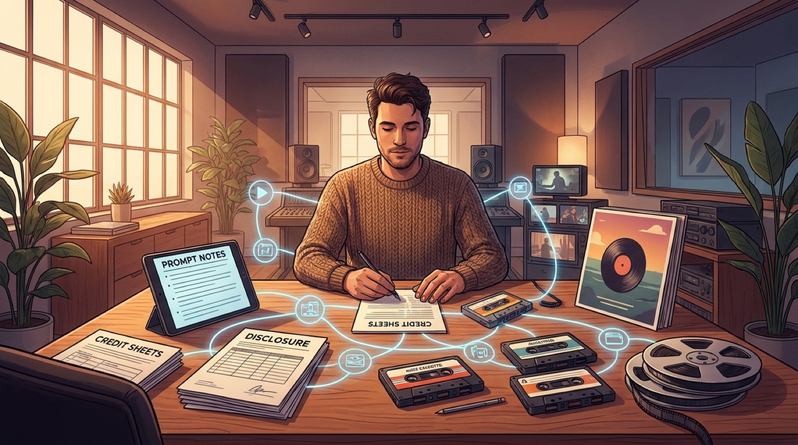 AI music creator organizing stems, prompt notes, credits, cover art, and video frames into one release package