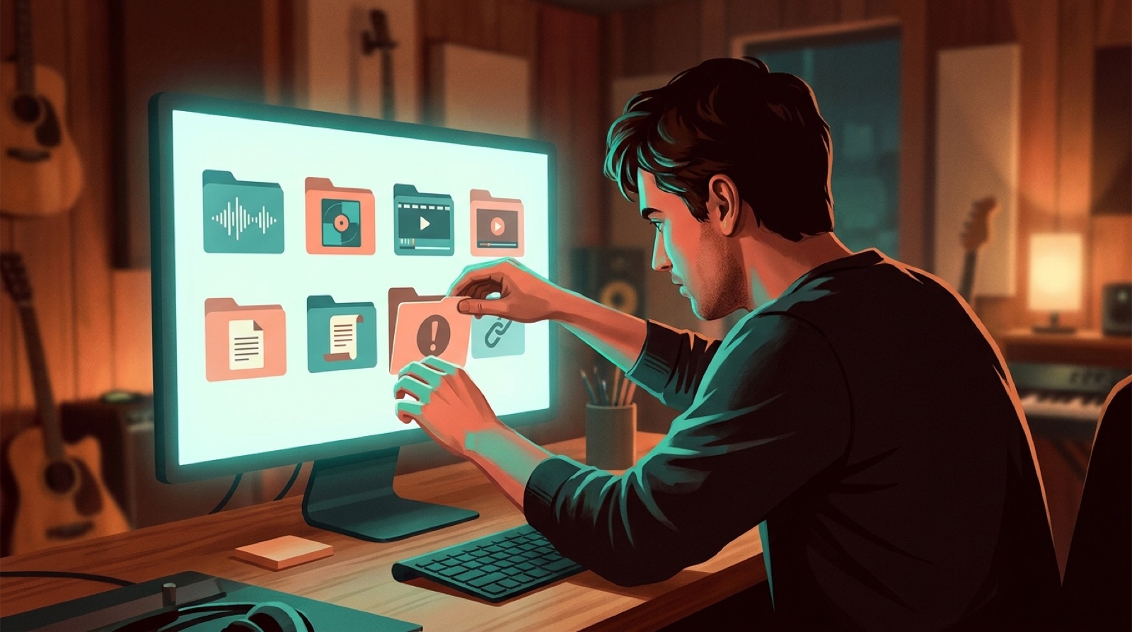 Full-color studio illustration of an AI music creator organizing release documentation, audio files, video exports, thumbnails, credits, and final links on a desktop screen.