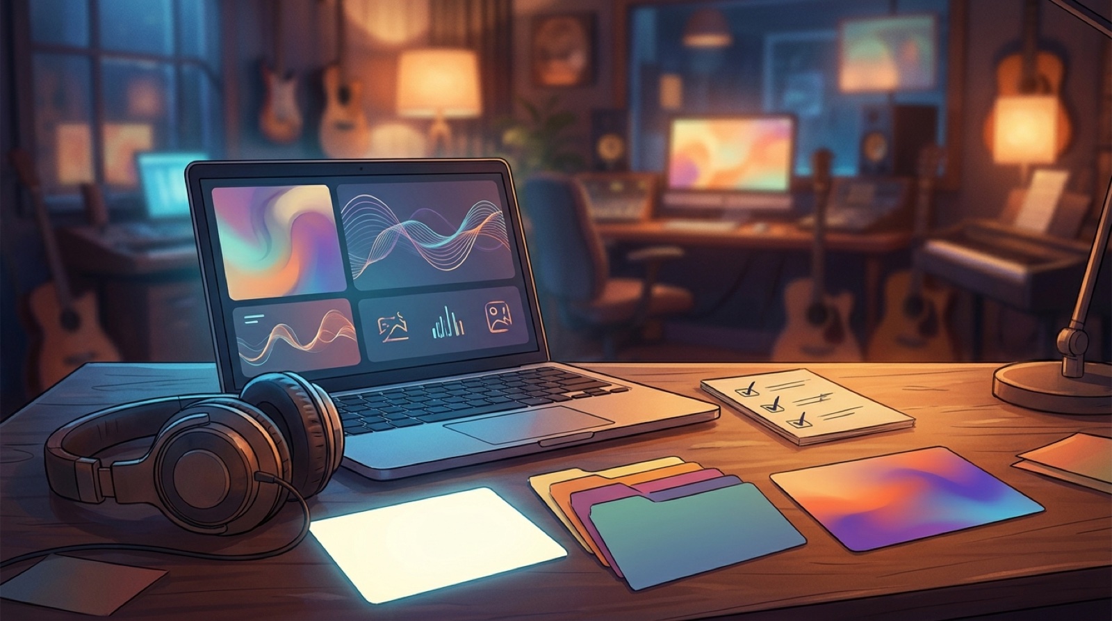 Full-color studio desk with a laptop showing abstract release panels, music waveforms, headphones, folders, and a checklist for AI music release metadata.