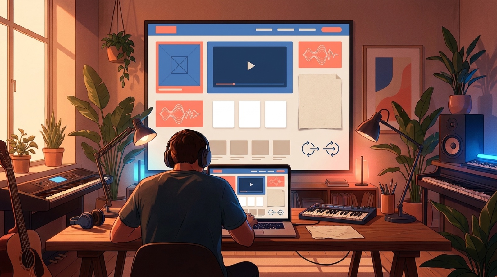 Full-color illustration of an independent musician arranging a video player, cover art, waveform, credits, lyric sheet, and short clip thumbnails into one music release page.