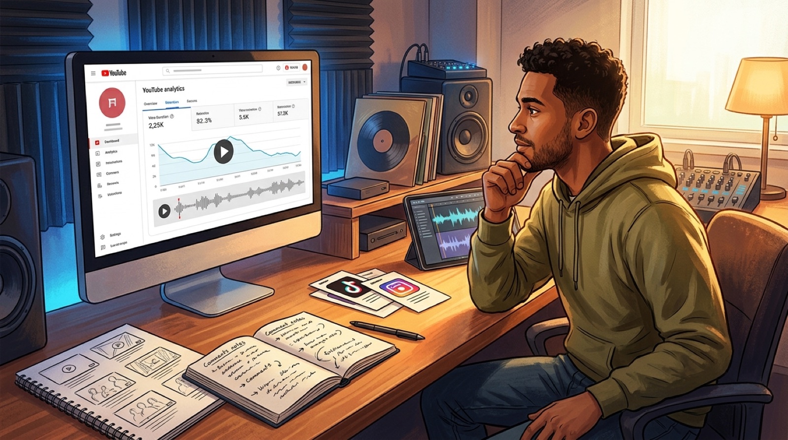 Full-color creator desk with a music video timeline, thumbnail sketches, audience retention chart, comment notes, and organized release assets for an AI music review.