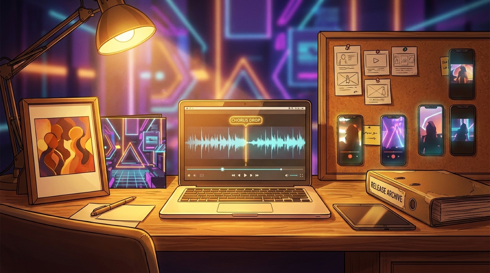Full-color creator desk with original and remix AI music cover art, waveform timeline, chorus drop marker, thumbnail boards, vertical clips, and an organized release archive.