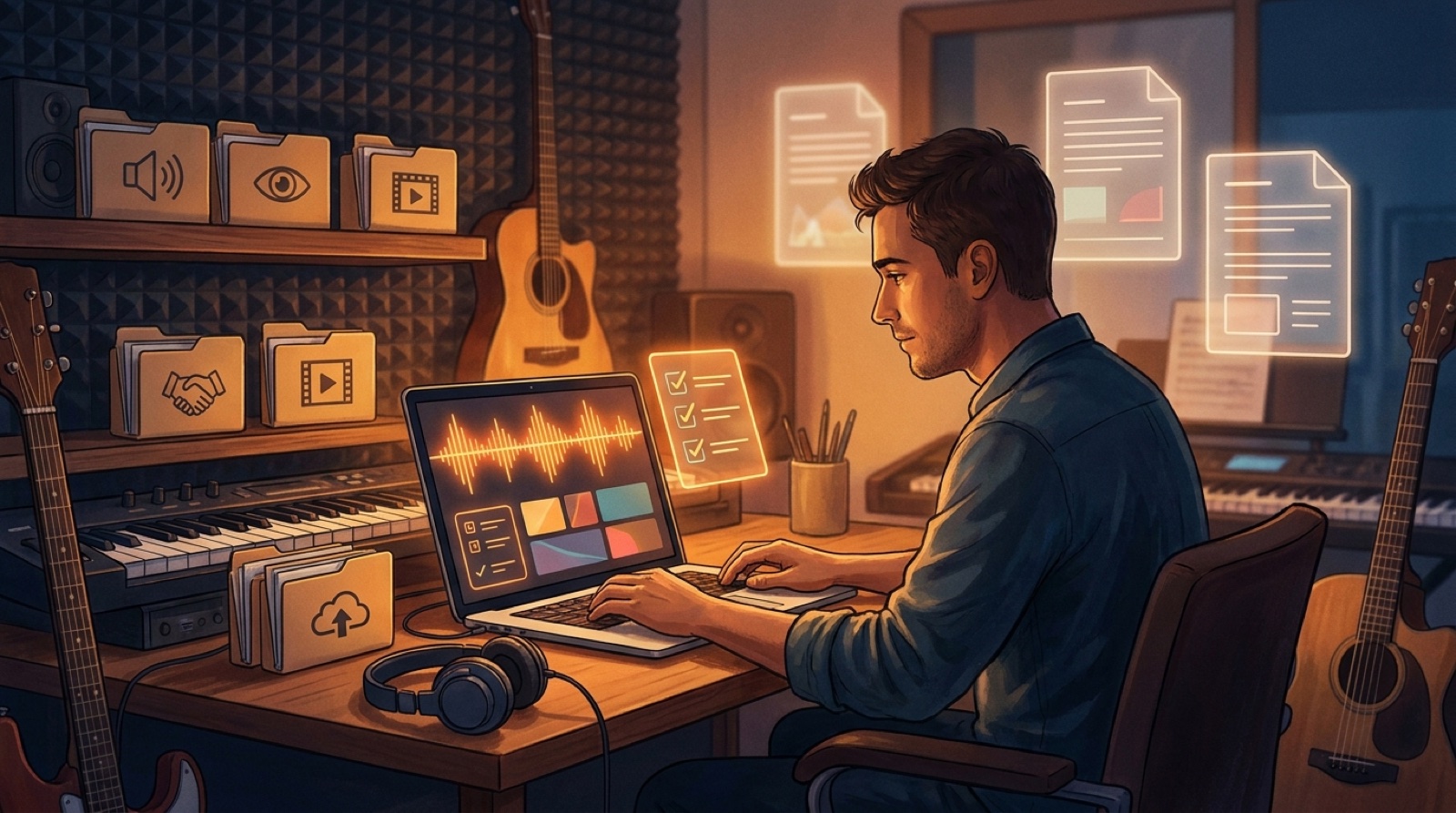 An independent musician organizing audio, cover art, video, credits, and release notes before publishing an AI generated song