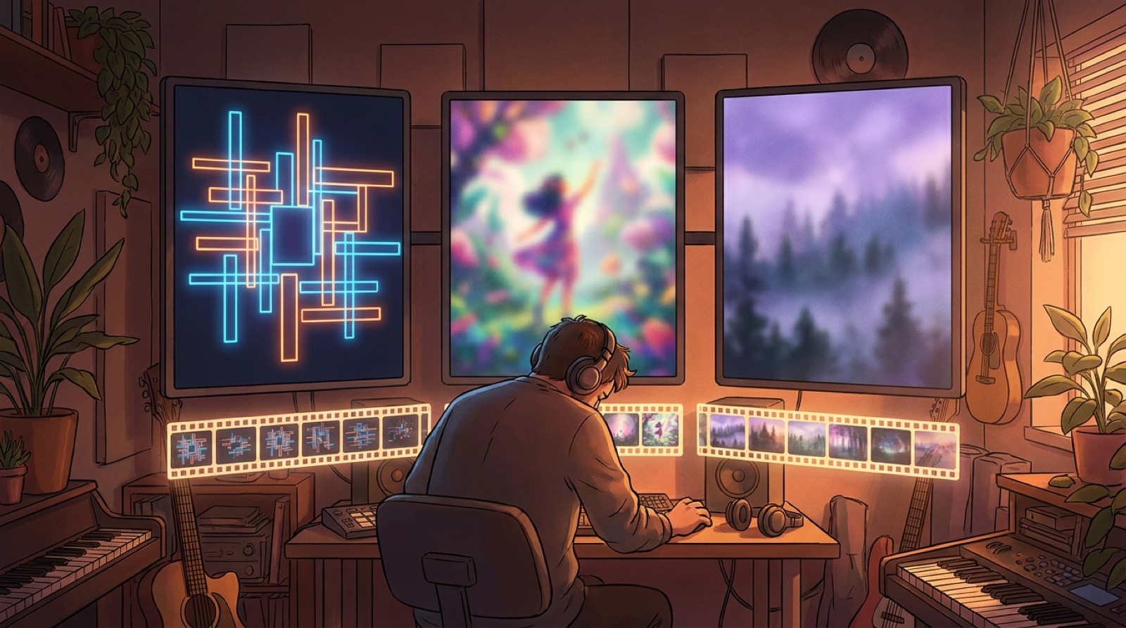 Full-color studio illustration of a music creator turning one chorus into three vertical AI music short form hooks with connected visual storyboards.