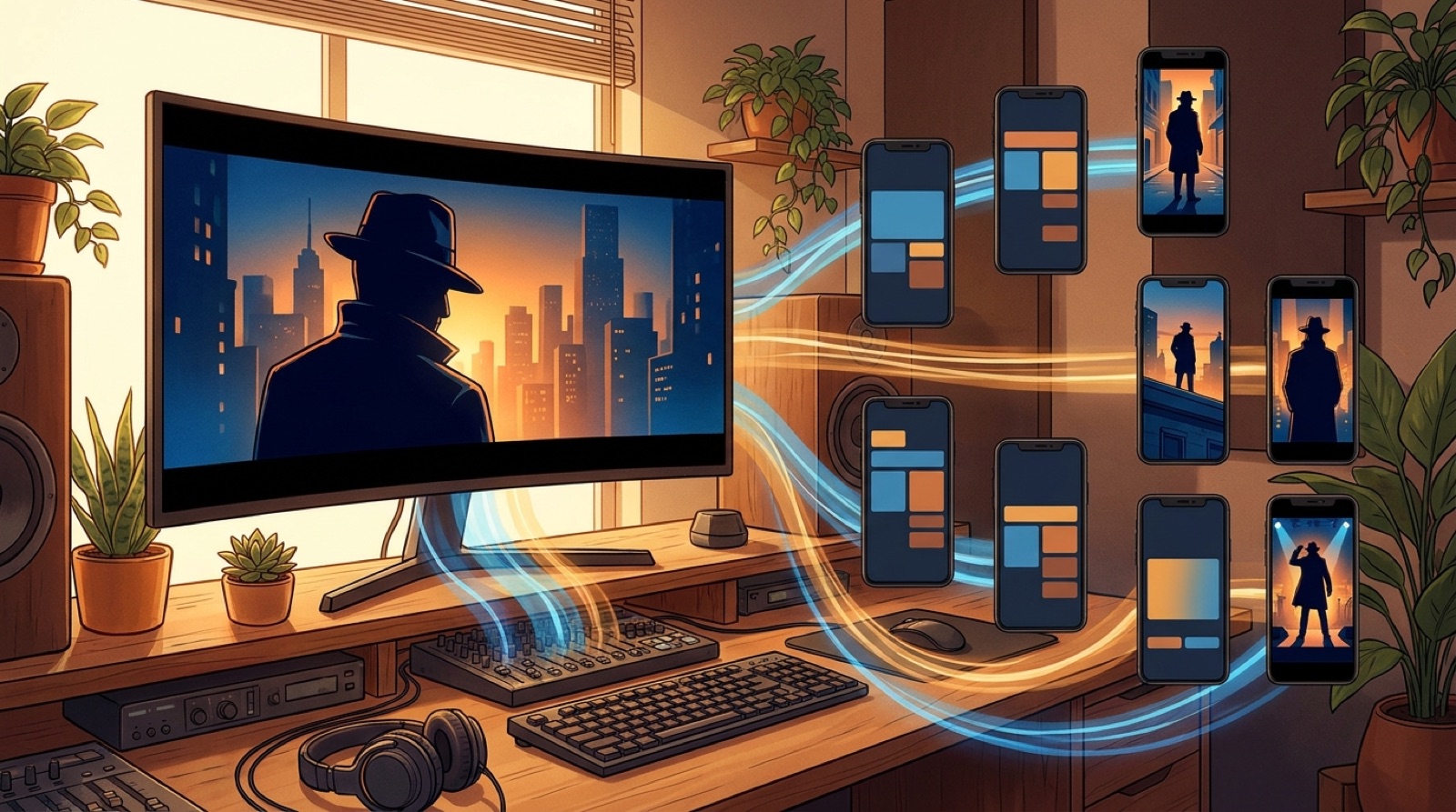 Full-color illustration of one finished AI music video branching into several connected vertical short-form clips with the same visual character and color mood.