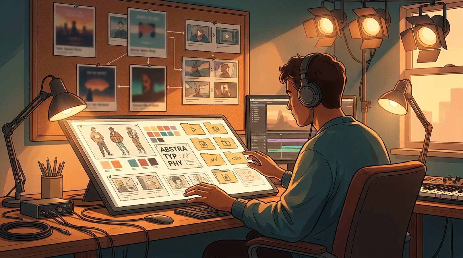 Full-color illustration of an AI music creator organizing a style bible with character sheets, color swatches, thumbnail frames, and a video timeline for repeated song releases.