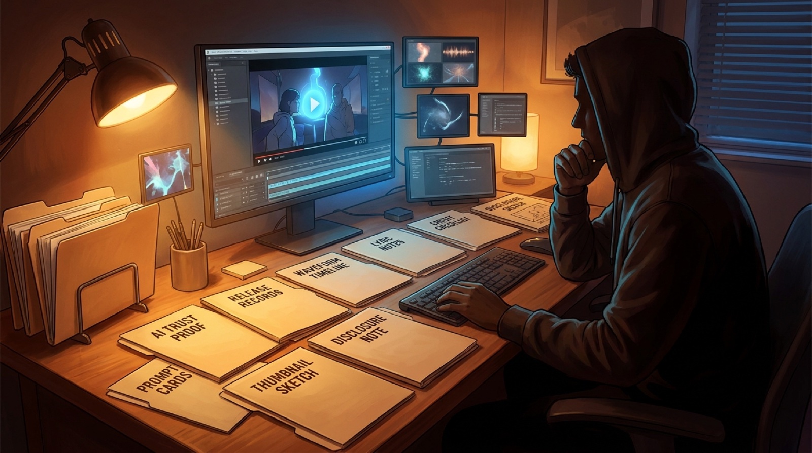 Full-color creator desk with organized AI music proof folders, waveform timeline, lyric notes, credit checklist, disclosure note, thumbnail sketch, and finished music video frame.