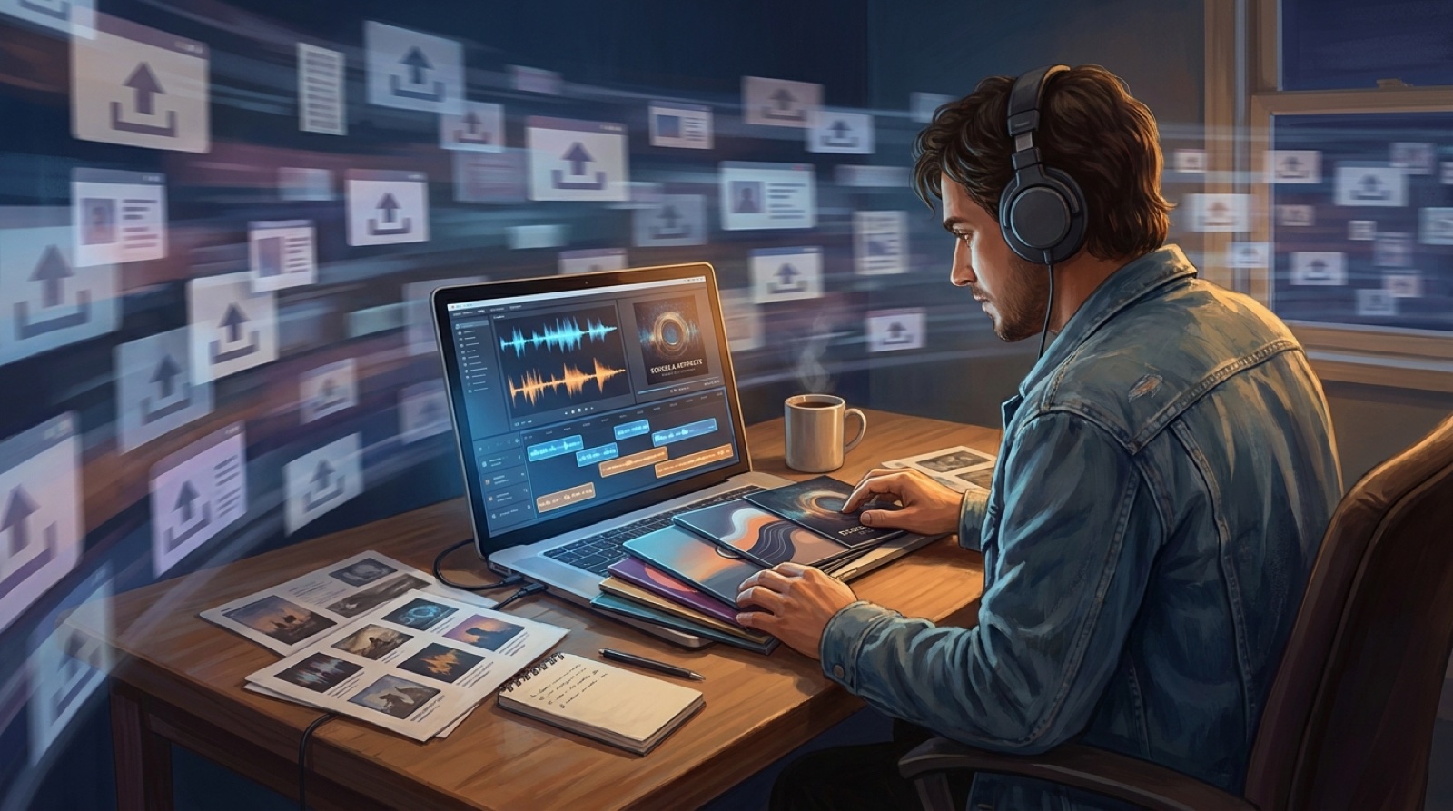 Full-color desk scene with an AI music creator organizing a polished release package while generic uploads stream past in the background.