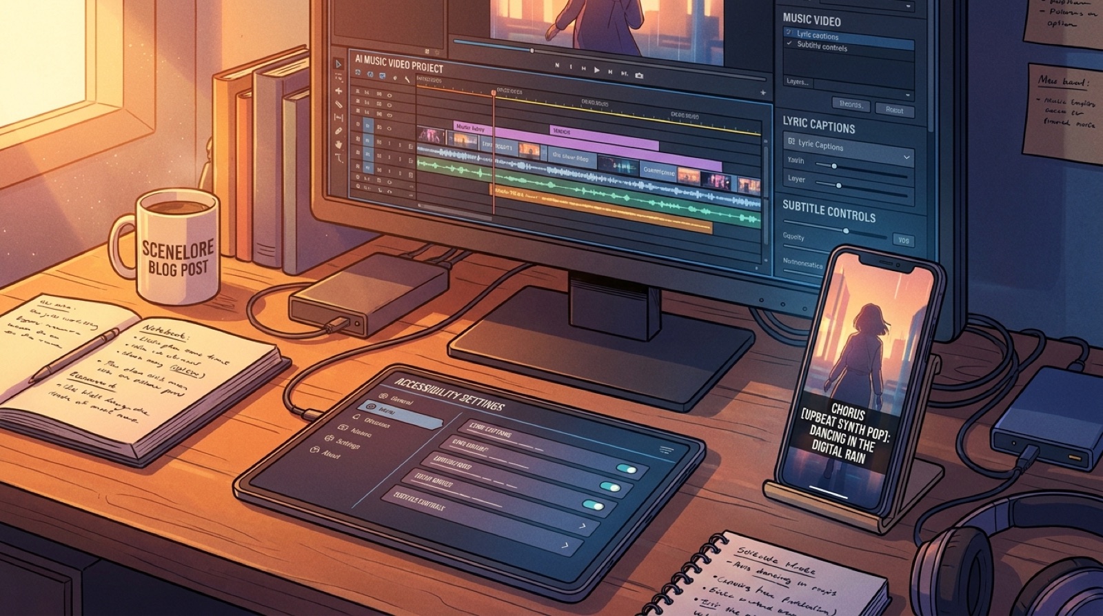 Full-color music video editing desk with lyric caption layers, subtitle controls, a phone preview, waveform tracks, and connected release assets.