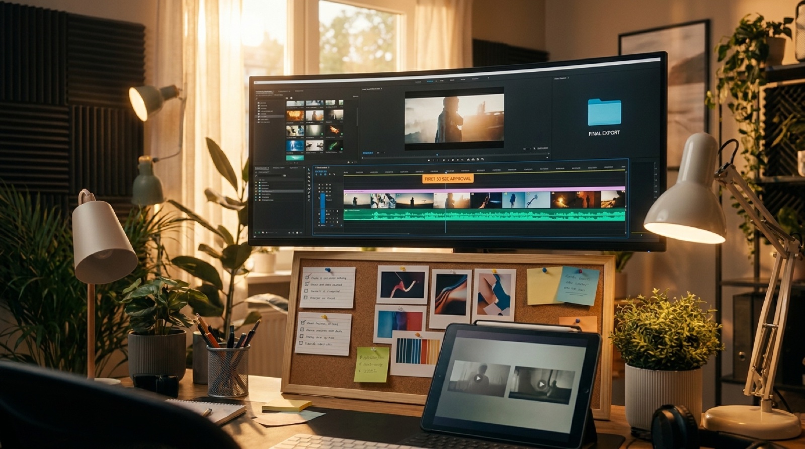 Full-color studio desk with music video review cards, a waveform timeline, thumbnail options, and approval notes for a small label release.