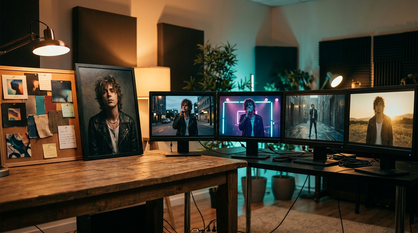 Colorful studio storyboard showing the same fictional singer character staying consistent across a full AI music video