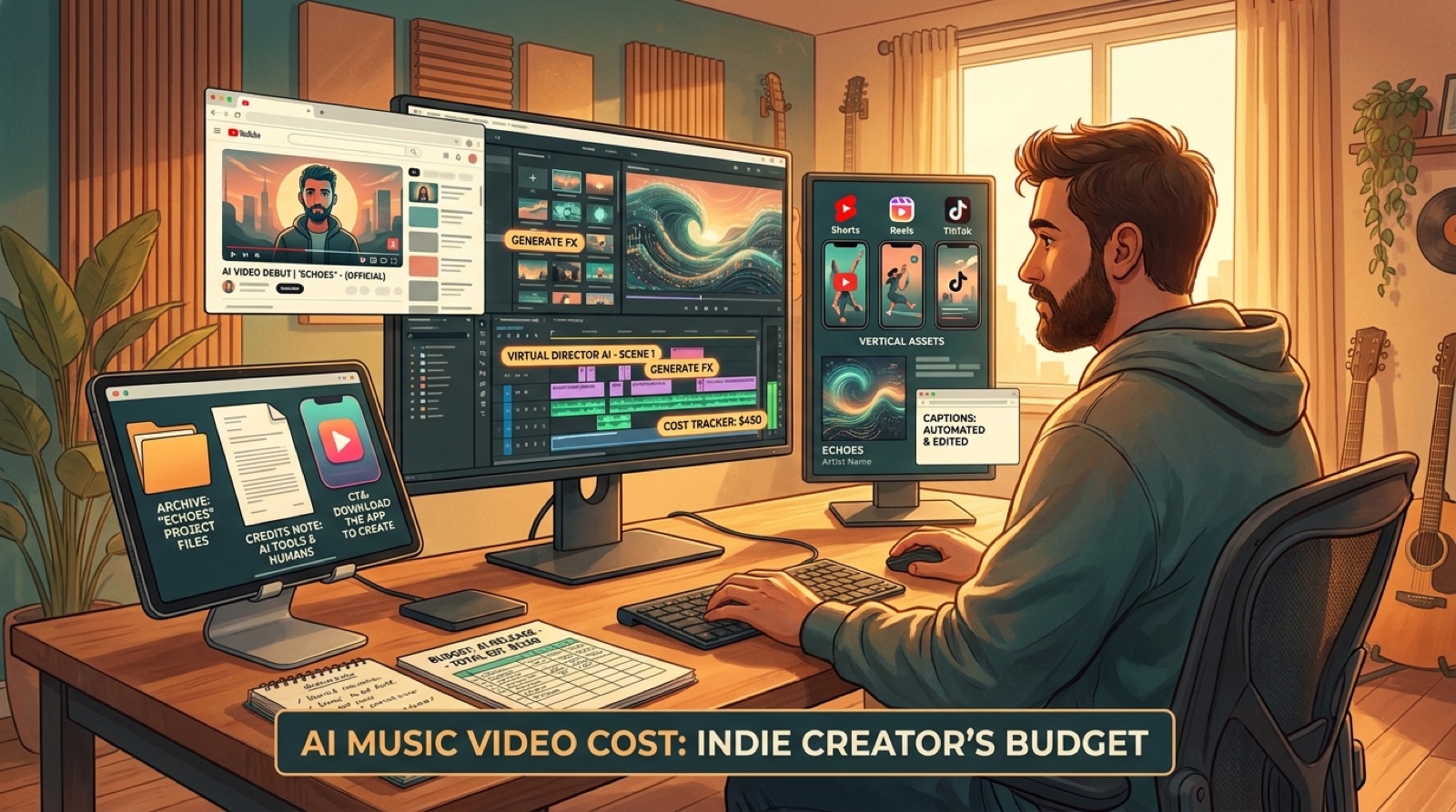 Full-color studio desk showing an AI music release budget with a full video timeline, thumbnail, short clips, captions, credits note, and archive folder.