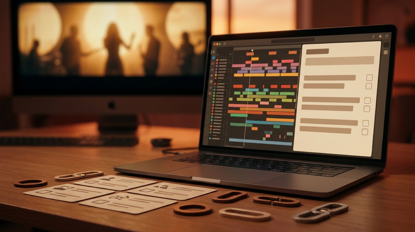 Full-color cinematic creator desk with a music video upload screen, abstract description blocks, credit notes, release links, and a finished song timeline.