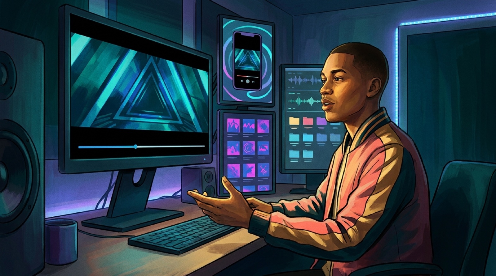Full-color illustration of an AI music creator planning widescreen, vertical, loop, thumbnail, and release-page video exports from one song.