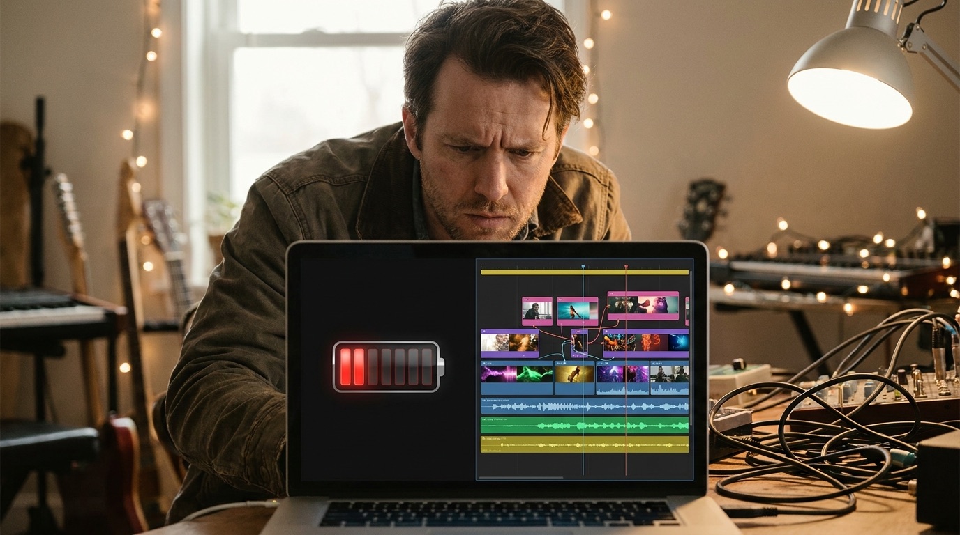 Colorful studio desk showing a musician testing an AI music video timeline before a release