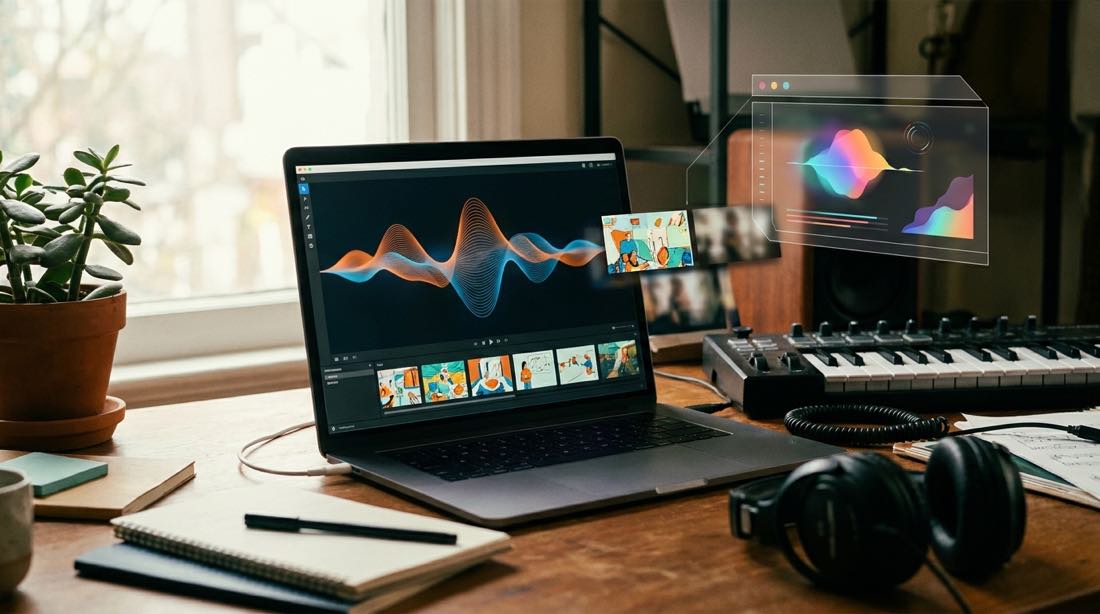 Colorful home studio scene with an AI music video timeline and song waveform