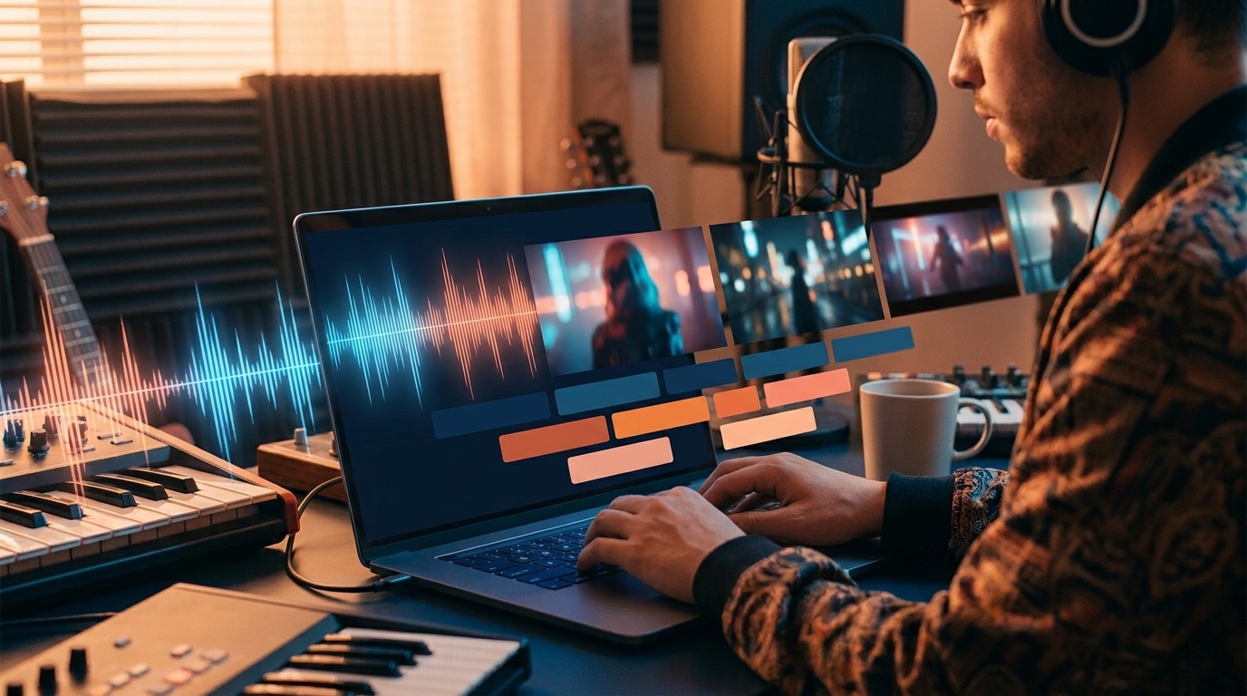 Colorful creator studio where a song waveform turns into captioned cinematic music video frames