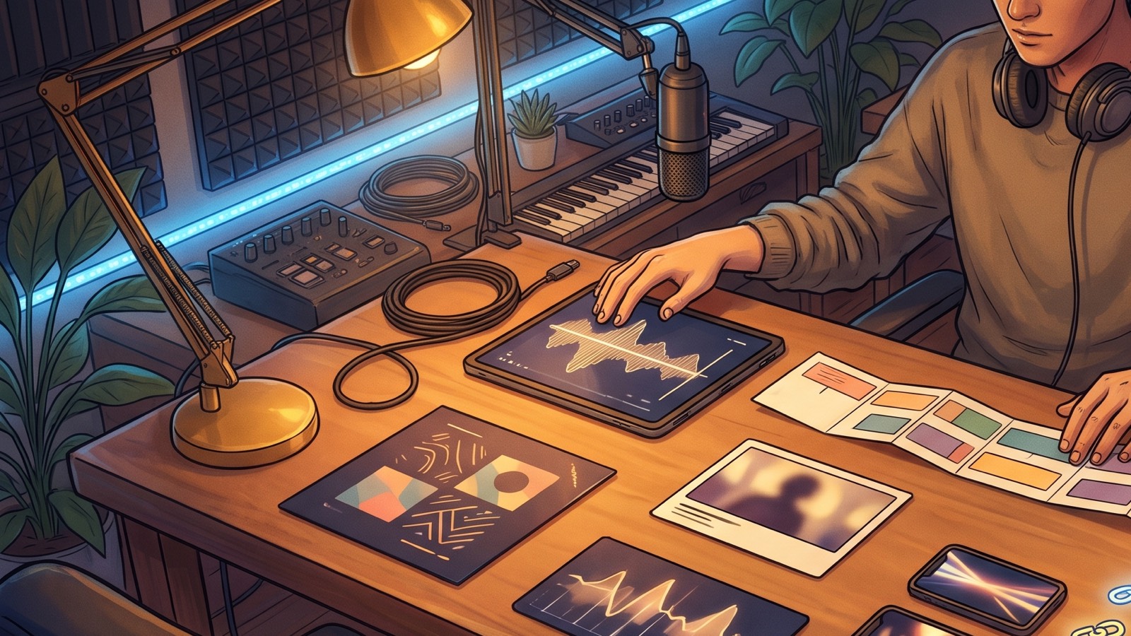 Full-color studio illustration of a music creator arranging audio, thumbnail, short clips, video frames, and release notes into one AI music launch pack.