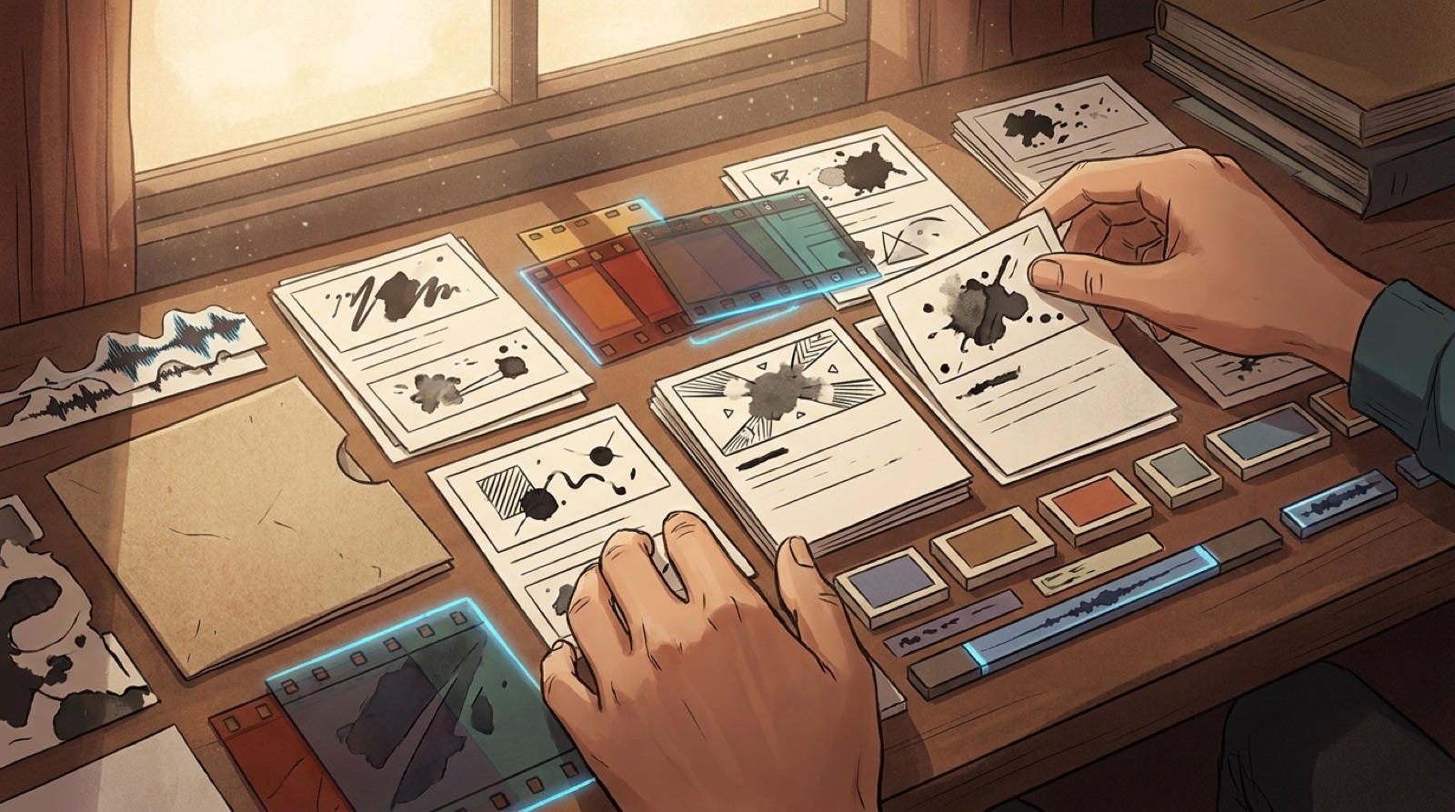 Full-color illustration of an AI music creator arranging blank storyboard frames, a waveform, cover art, and release files into one intentional video package.