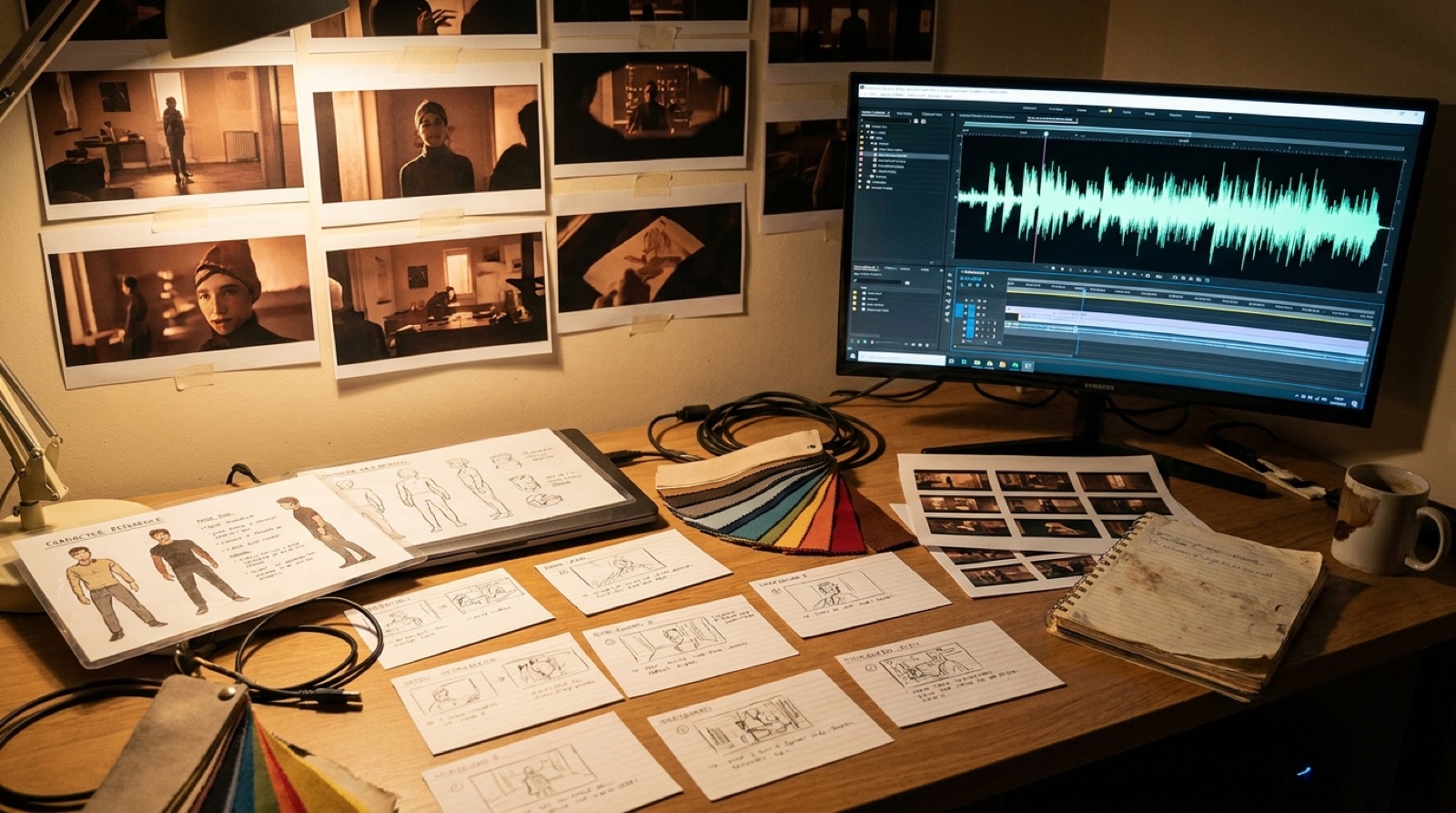 Full-color creator desk with storyboard cards, character references, color swatches, thumbnail grids, and a music video timeline for an AI music series bible.
