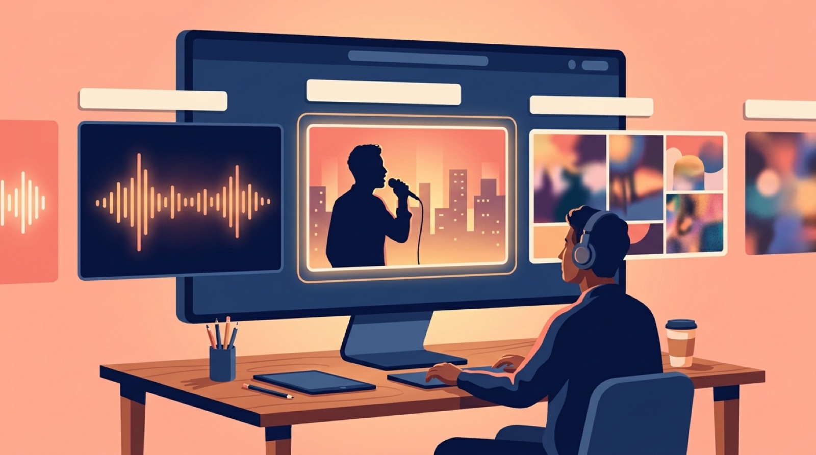 A music creator compares colorful AI music video thumbnail options on a desktop screen with a waveform, cover art, and video frames.