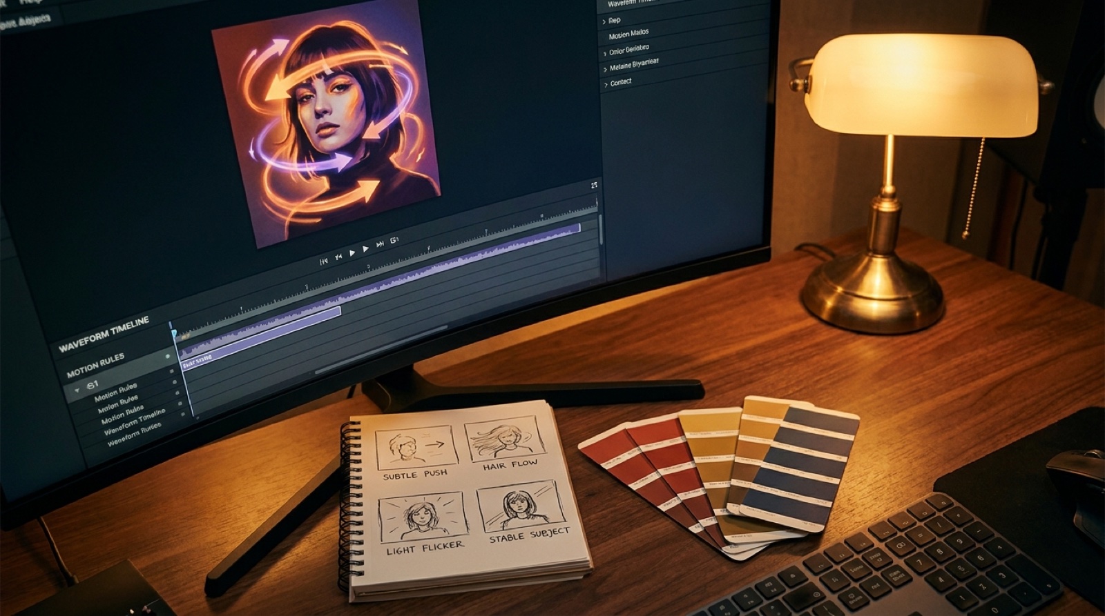 Full-color cinematic desk scene with AI song cover art, motion arrows, storyboard frames, waveform timeline, and stable visual rules for a music video.