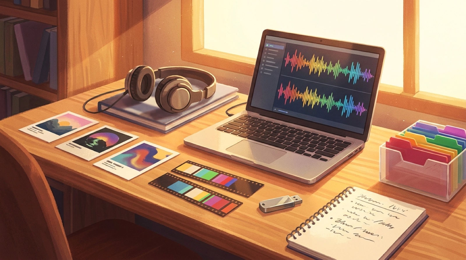 Full-color music creator desk with audio waveforms, headphones, video strips, organized folders, cover art, and release notes for an AI music asset archive.
