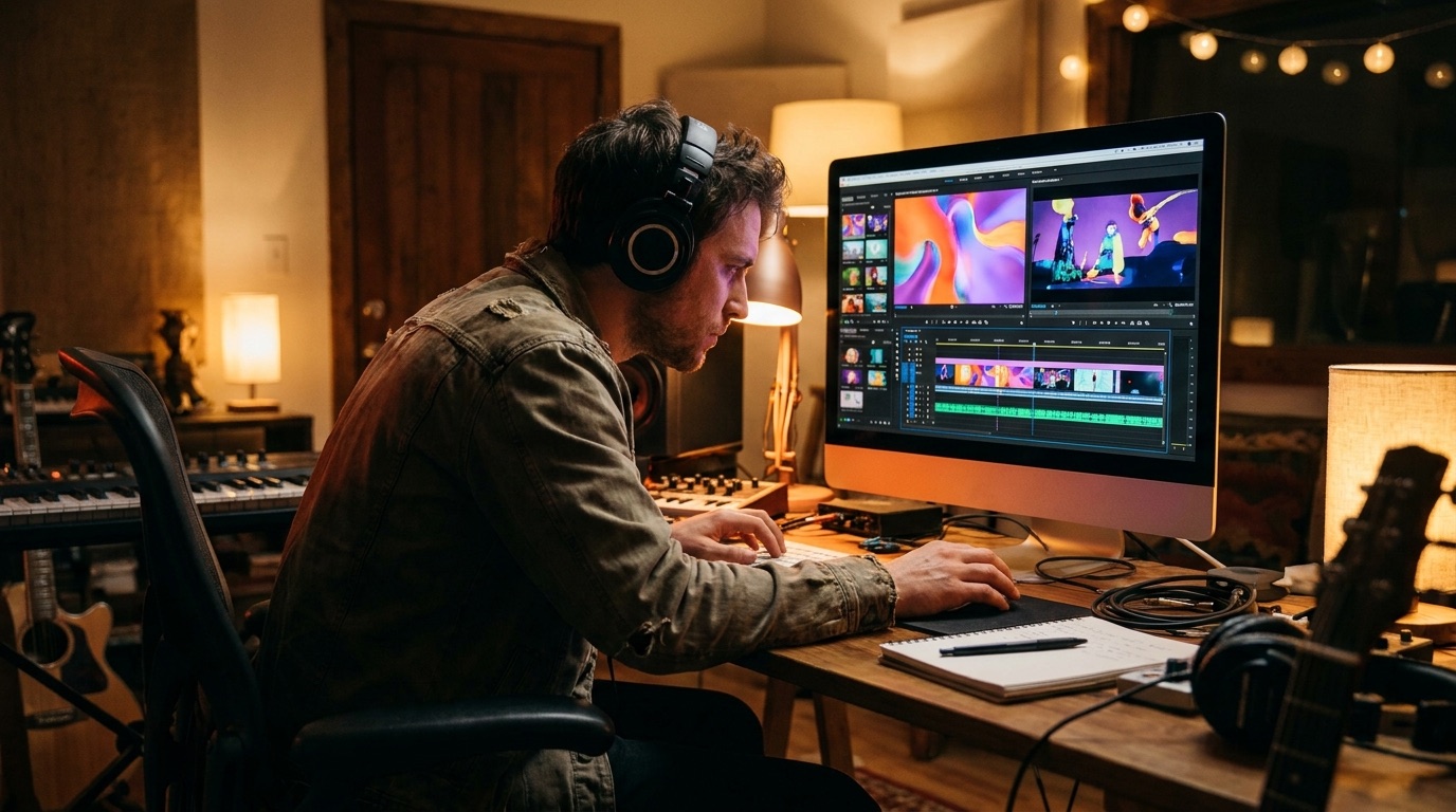 Colorful music studio where an artist reviews a coherent AI music video timeline for a finished song