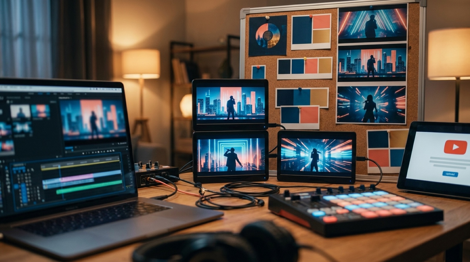 A colorful music creator workspace showing matching AI music video thumbnails, cover art, color swatches, and release assets for one fictional artist.