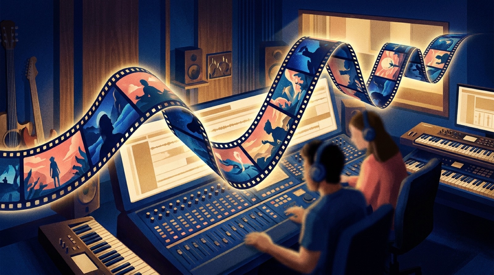 A colorful waveform turning into a sequence of cinematic music video scenes