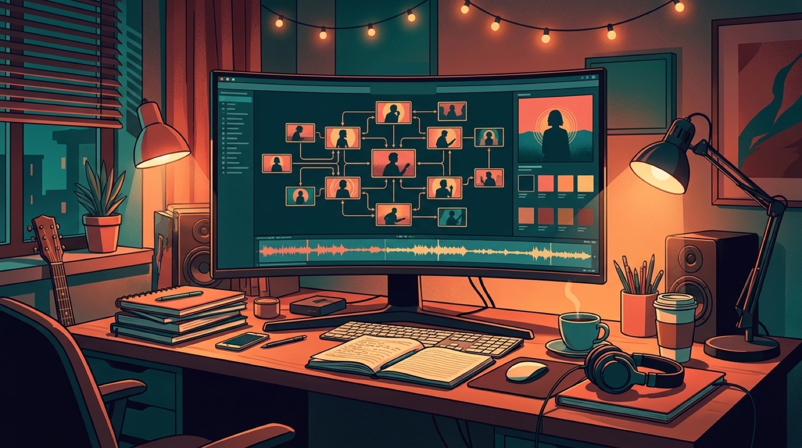 Full-color music creator workspace with a video scene map, album art, color swatches, and connected frames for avoiding a generic AI visualizer look.
